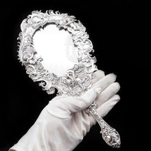 Load image into Gallery viewer, Ornate Solid Silver Hand Mirror with Cherubs and Foliage - German 19th Century - Artisan Antiques