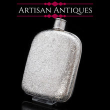 Load image into Gallery viewer, A Spectacular Solid Silver Hip Flask With Ornate Engraved Design - Edward Smith 1845 - Artisan Antiques