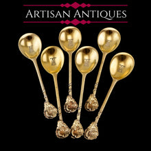 Load image into Gallery viewer, Antique Victorian Solid Silver Gilt Set of 6 Spoons in Naturalistic Leaf Design - Francis Higgins 1875