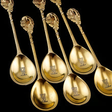 Load image into Gallery viewer, Antique Victorian Solid Silver Gilt Set of 6 Spoons in Naturalistic Leaf Design - Francis Higgins 1875