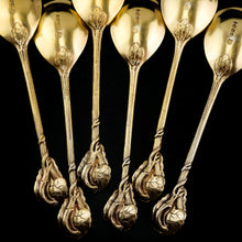 Load image into Gallery viewer, Antique Victorian Solid Silver Gilt Set of 6 Spoons in Naturalistic Leaf Design - Francis Higgins 1875