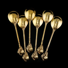 Load image into Gallery viewer, Antique Victorian Solid Silver Gilt Set of 6 Spoons in Naturalistic Leaf Design - Francis Higgins 1875