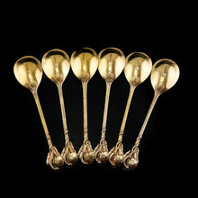Load image into Gallery viewer, Antique Victorian Solid Silver Gilt Set of 6 Spoons in Naturalistic Leaf Design - Francis Higgins 1875