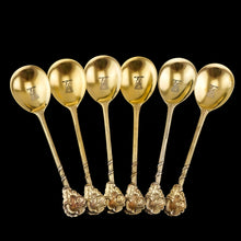 Load image into Gallery viewer, Antique Victorian Solid Silver Gilt Set of 6 Spoons in Naturalistic Leaf Design - Francis Higgins 1875