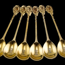 Load image into Gallery viewer, Antique Victorian Solid Silver Gilt Set of 6 Spoons in Naturalistic Leaf Design - Francis Higgins 1875