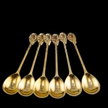 Load image into Gallery viewer, Antique Victorian Solid Silver Gilt Set of 6 Spoons in Naturalistic Leaf Design - Francis Higgins 1875