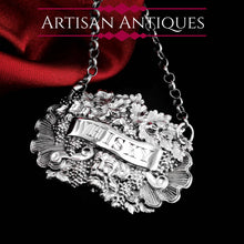 Load image into Gallery viewer, Antique Solid Silver Wine/Whisky Decanter Label with Bacchus & Vine Motifs - Taylor & Perry 1840