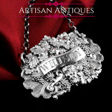 Load image into Gallery viewer, Antique Solid Silver Wine/Whisky Decanter Label with Bacchus & Vine Motifs - Taylor & Perry 1840