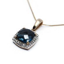 Load image into Gallery viewer, A Stunning Blue Topaz & Diamond Halo Square Necklace 9K Gold