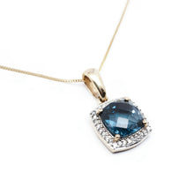 Load image into Gallery viewer, A Stunning Blue Topaz & Diamond Halo Square Necklace 9K Gold