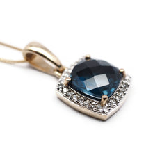 Load image into Gallery viewer, A Stunning Blue Topaz & Diamond Halo Square Necklace 9K Gold