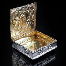 Load image into Gallery viewer, English Solid Silver Square Table Snuff Box with Repousse & Gold Gilt - Artisan Antiques