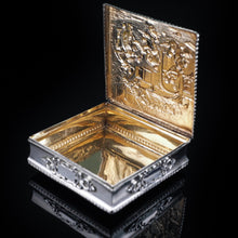 Load image into Gallery viewer, English Solid Silver Square Table Snuff Box with Repousse & Gold Gilt - Artisan Antiques