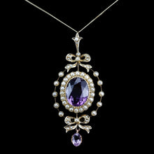 Load image into Gallery viewer, Antique Edwardian Amethyst & Seed Pearl 9K Gold Necklace Pendant - c.1905