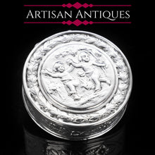 Load image into Gallery viewer, Solid Silver German Pill Box with Embossed Cherub Lid - 19th Century - Artisan Antiques