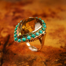 Load image into Gallery viewer, Vintage Huge Citrine (~17CT) and Turquoise 18K Gold Ring Pear Cut