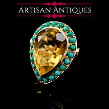 Load image into Gallery viewer, Vintage Huge Citrine (~17CT) and Turquoise 18K Gold Ring Pear Cut