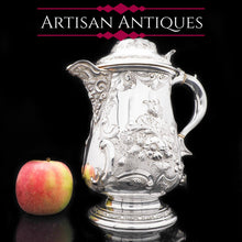 Load image into Gallery viewer, Large Solid Silver Flagon/Tankard with Victorian Chased Motifs - Martin Hall & Co, 1862 - Artisan Antiques