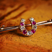 Load image into Gallery viewer, Stunning Antique 9K Gold Ruby & Diamond Horseshoe Brooch