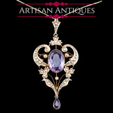 Load image into Gallery viewer, Antique Edwardian Amethyst &amp; Seed Pearl 9ct Gold Pendant Necklace, Art Nouveau Design - c.1910
