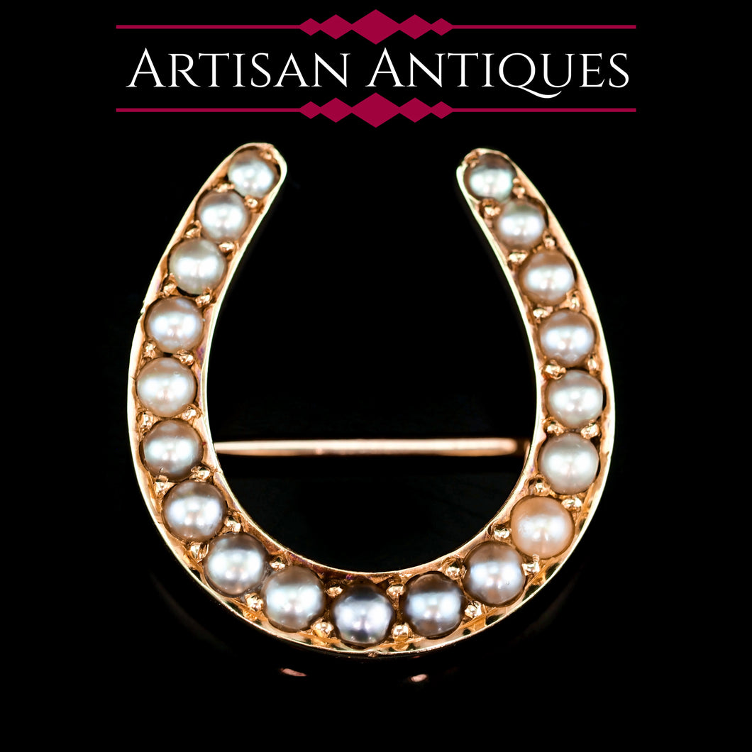 Antique Victorian 14ct Gold Horseshoe Pearl Brooch/Pin - c.1860