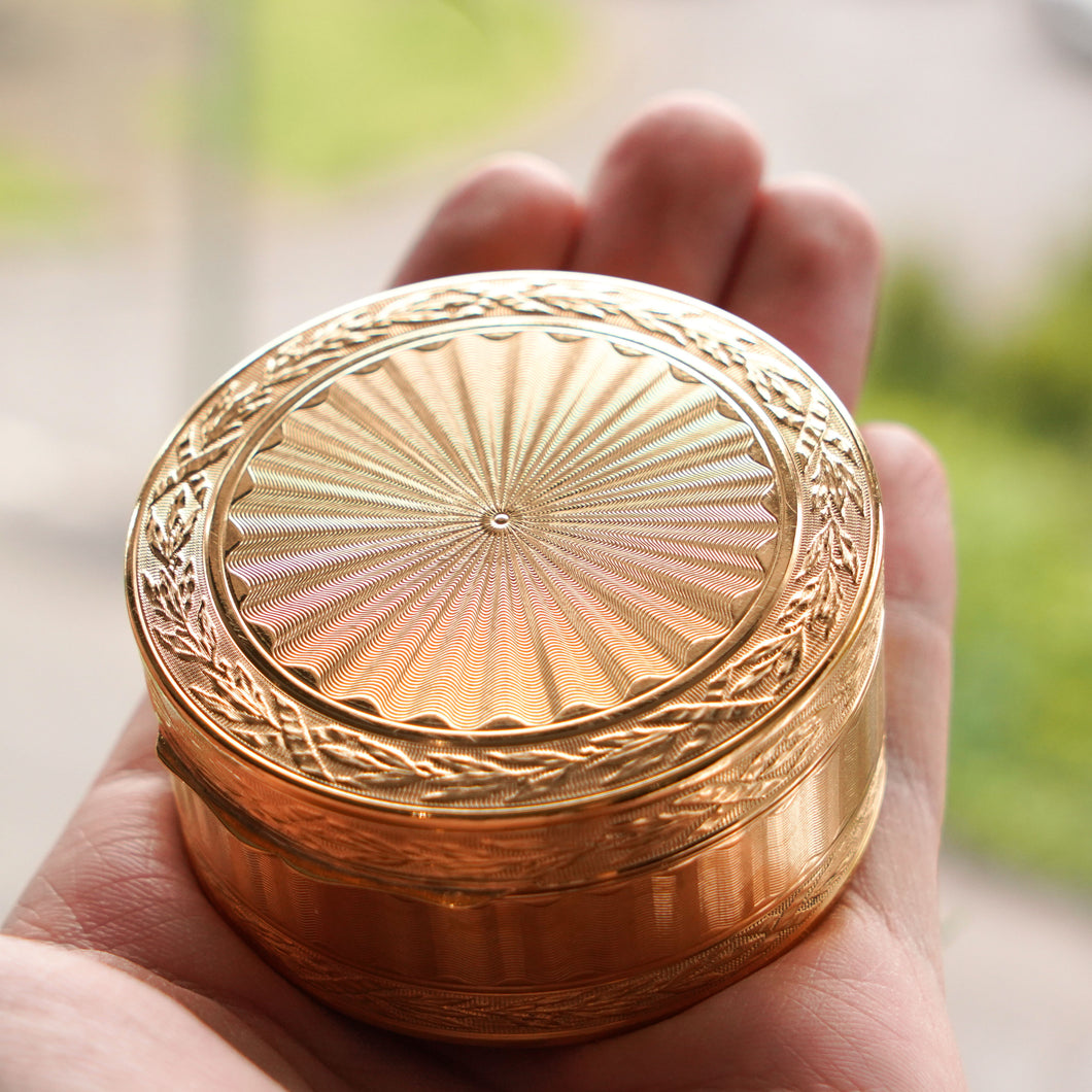 Antique French Solid Silver Gilt Snuff Box / Circular Box with Engine Turned/Guilloche Decoration - 19th c.