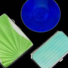 Load image into Gallery viewer, Art Deco Sterling Silver Cigarette Case with Green Enamel Guilloche Sunburst Ray - Joseph Gloster 1936
