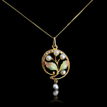 Load image into Gallery viewer, Antique Edwardian Pearl &amp; Enamel Pendant Necklace 15ct Gold Art Nouveau Floral/Leaf Design - c.1910
