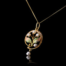 Load image into Gallery viewer, Antique Edwardian Pearl &amp; Enamel Pendant Necklace 15ct Gold Art Nouveau Floral/Leaf Design - c.1910
