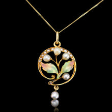 Load image into Gallery viewer, Antique Edwardian Pearl &amp; Enamel Pendant Necklace 15ct Gold Art Nouveau Floral/Leaf Design - c.1910
