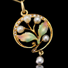 Load image into Gallery viewer, Antique Edwardian Pearl &amp; Enamel Pendant Necklace 15ct Gold Art Nouveau Floral/Leaf Design - c.1910
