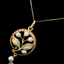 Load image into Gallery viewer, Antique Edwardian Pearl &amp; Enamel Pendant Necklace 15ct Gold Art Nouveau Floral/Leaf Design - c.1910
