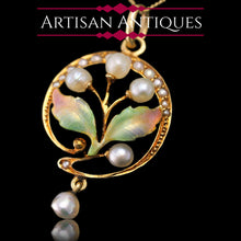 Load image into Gallery viewer, Antique Edwardian Pearl &amp; Enamel Pendant Necklace 15ct Gold Art Nouveau Floral/Leaf Design - c.1910
