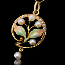 Load image into Gallery viewer, Antique Edwardian Pearl &amp; Enamel Pendant Necklace 15ct Gold Art Nouveau Floral/Leaf Design - c.1910
