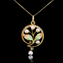 Load image into Gallery viewer, Antique Edwardian Pearl &amp; Enamel Pendant Necklace 15ct Gold Art Nouveau Floral/Leaf Design - c.1910
