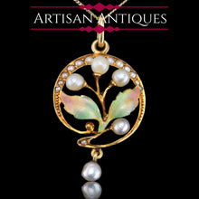 Load image into Gallery viewer, Antique Edwardian Pearl &amp; Enamel Pendant Necklace 15ct Gold Art Nouveau Floral/Leaf Design - c.1910
