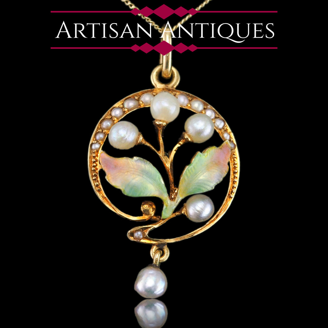 Antique Edwardian Pearl & Enamel Pendant Necklace 15ct Gold Art Nouveau Floral/Leaf Design - c.1910