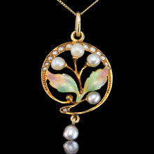 Load image into Gallery viewer, Antique Edwardian Pearl &amp; Enamel Pendant Necklace 15ct Gold Art Nouveau Floral/Leaf Design - c.1910
