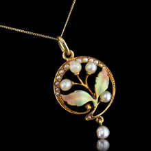 Load image into Gallery viewer, Antique Edwardian Pearl &amp; Enamel Pendant Necklace 15ct Gold Art Nouveau Floral/Leaf Design - c.1910
