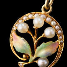 Load image into Gallery viewer, Antique Edwardian Pearl &amp; Enamel Pendant Necklace 15ct Gold Art Nouveau Floral/Leaf Design - c.1910
