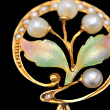 Load image into Gallery viewer, Antique Edwardian Pearl &amp; Enamel Pendant Necklace 15ct Gold Art Nouveau Floral/Leaf Design - c.1910
