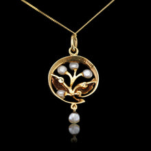 Load image into Gallery viewer, Antique Edwardian Pearl &amp; Enamel Pendant Necklace 15ct Gold Art Nouveau Floral/Leaf Design - c.1910
