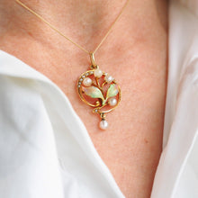 Load image into Gallery viewer, Antique Edwardian Pearl &amp; Enamel Pendant Necklace 15ct Gold Art Nouveau Floral/Leaf Design - c.1910
