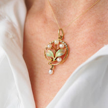 Load image into Gallery viewer, Antique Edwardian Pearl &amp; Enamel Pendant Necklace 15ct Gold Art Nouveau Floral/Leaf Design - c.1910
