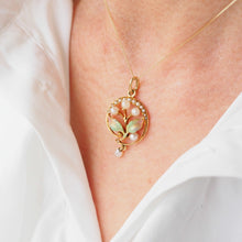 Load image into Gallery viewer, Antique Edwardian Pearl &amp; Enamel Pendant Necklace 15ct Gold Art Nouveau Floral/Leaf Design - c.1910
