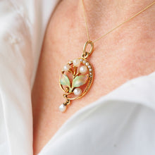 Load image into Gallery viewer, Antique Edwardian Pearl &amp; Enamel Pendant Necklace 15ct Gold Art Nouveau Floral/Leaf Design - c.1910
