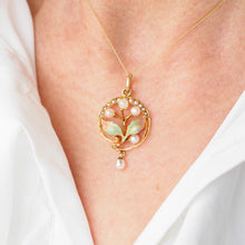 Load image into Gallery viewer, Antique Edwardian Pearl &amp; Enamel Pendant Necklace 15ct Gold Art Nouveau Floral/Leaf Design - c.1910
