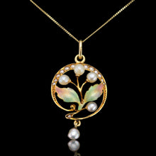 Load image into Gallery viewer, Antique Edwardian Pearl &amp; Enamel Pendant Necklace 15ct Gold Art Nouveau Floral/Leaf Design - c.1910
