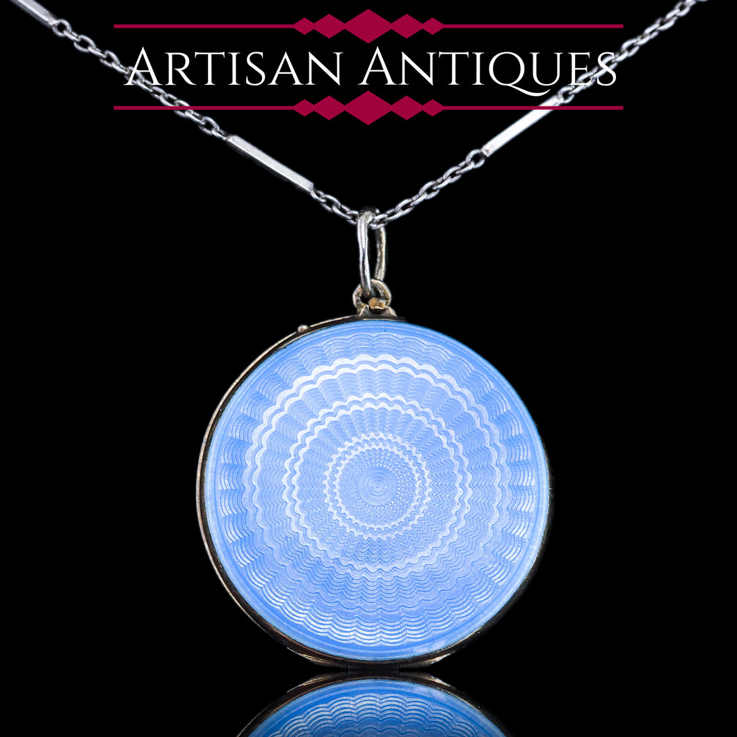 Antique Norwegian Blue Guilloche Enamel Pendant Necklace with Locket - Marius Hammer c.1900