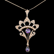 Load image into Gallery viewer, Antique Edwardian Amethyst Necklace with Seed Pearls 9ct Gold - c.1900s
